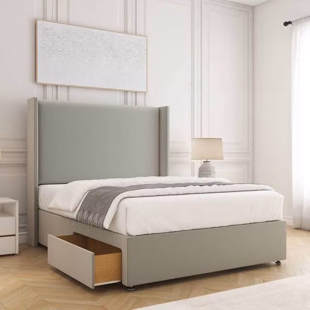 BSSPOKE Austin King Size Divan Bed with 2 Drawers, Plush 54 Inch Headboard and Footend in Silver Grey Velvet Fabric, W/D/H: 180 x 200 x 30.48 cm