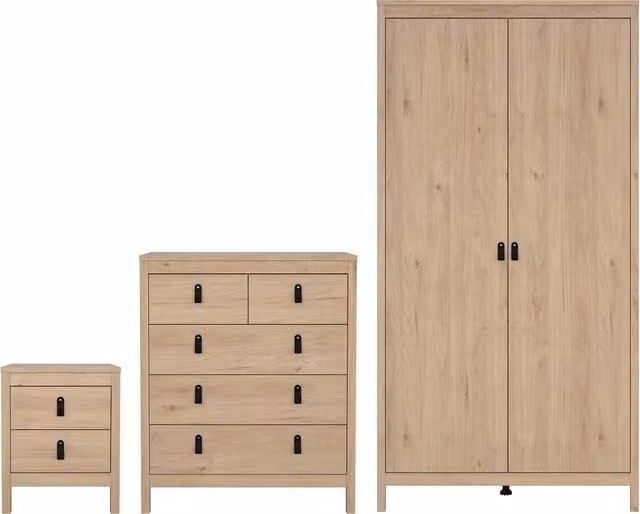 Furniture To Go Barcelona Bedroom Furniture Set in Jackson Hickory Oak featuring 2-Drawer Bedside Table, 5-Drawer Chest and 2-Door Wardrobe