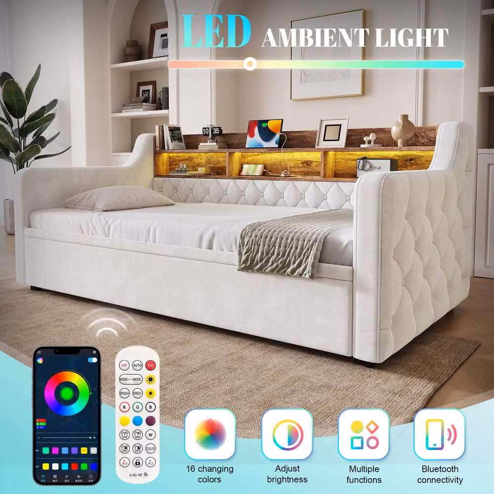BTM Single Velvet Daybed in Beige with USB Charging Port, LED Lighting and Storage Drawers, W/D/H: 190 x 90 x 80 cm – 3