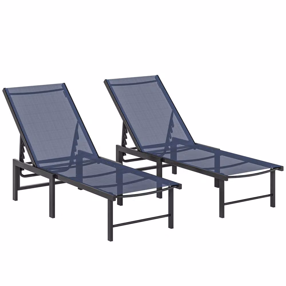OUTSUNNY Set of 2 Reclining Sun Loungers in Dark Blue with Textilene Fabric and Powder Coated Steel Frame – 2
