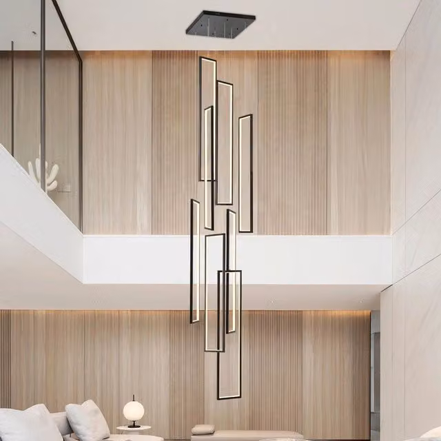 Garwarm 8-Light Rectangle LED Dimmable Pendant Chandelier in Black with Remote Control and Height Adjustment – 1