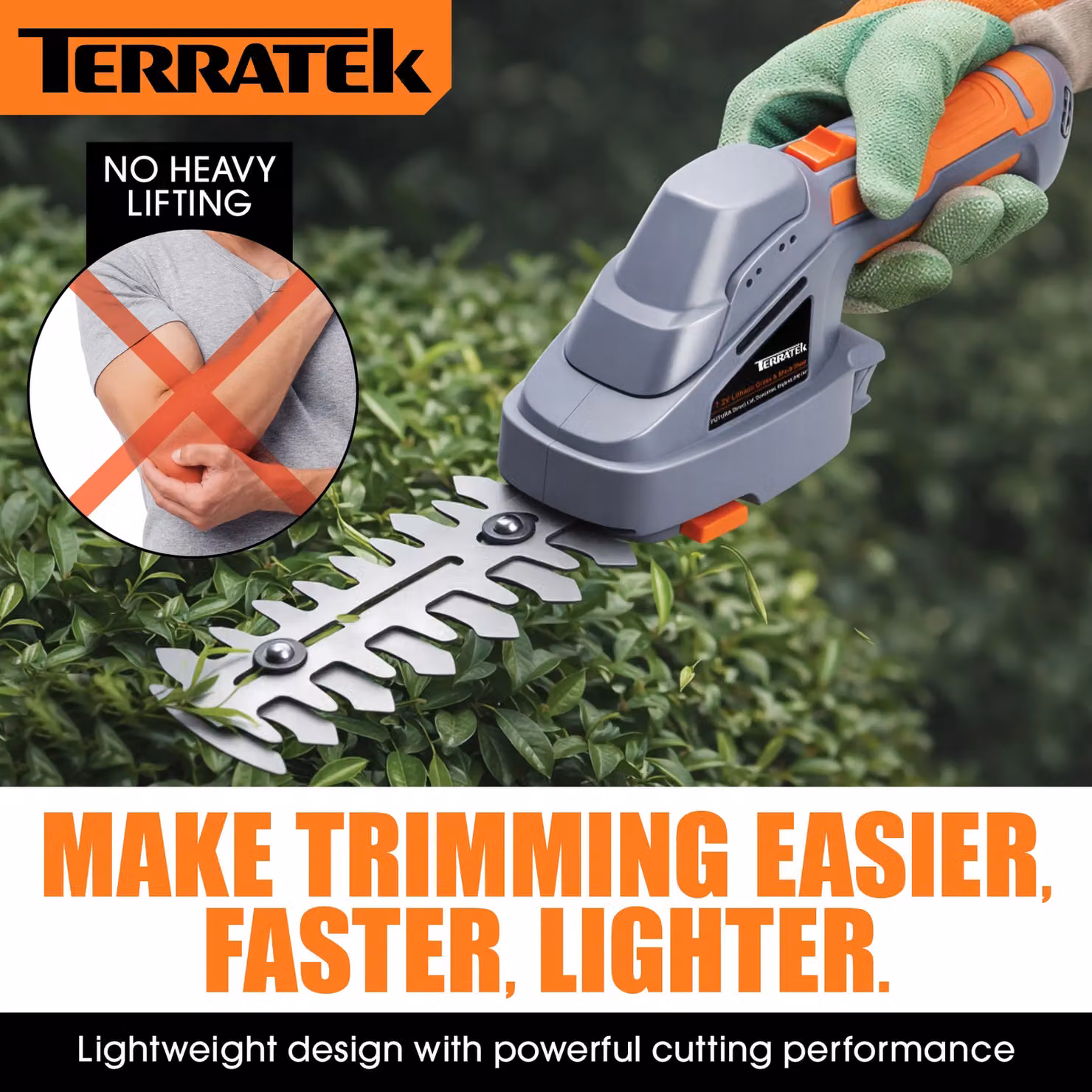 Terratek 2-in-1 Cordless Hand Held Hedge Trimmer and Topiary Shears with 7.2V Li-Ion Battery in Grey – 4