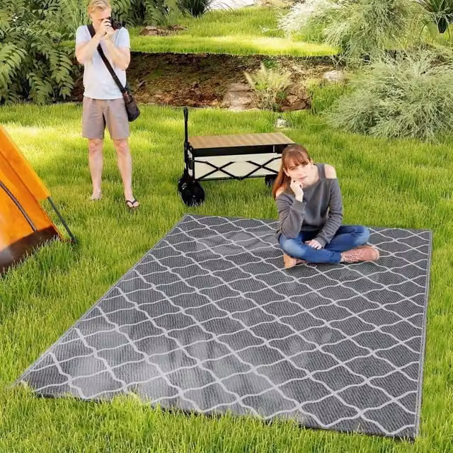 VOGREX Reversible Waterproof Moroccan Woven Outdoor Garden Rug in Grey and White, W: 274 cm, D: 183 cm