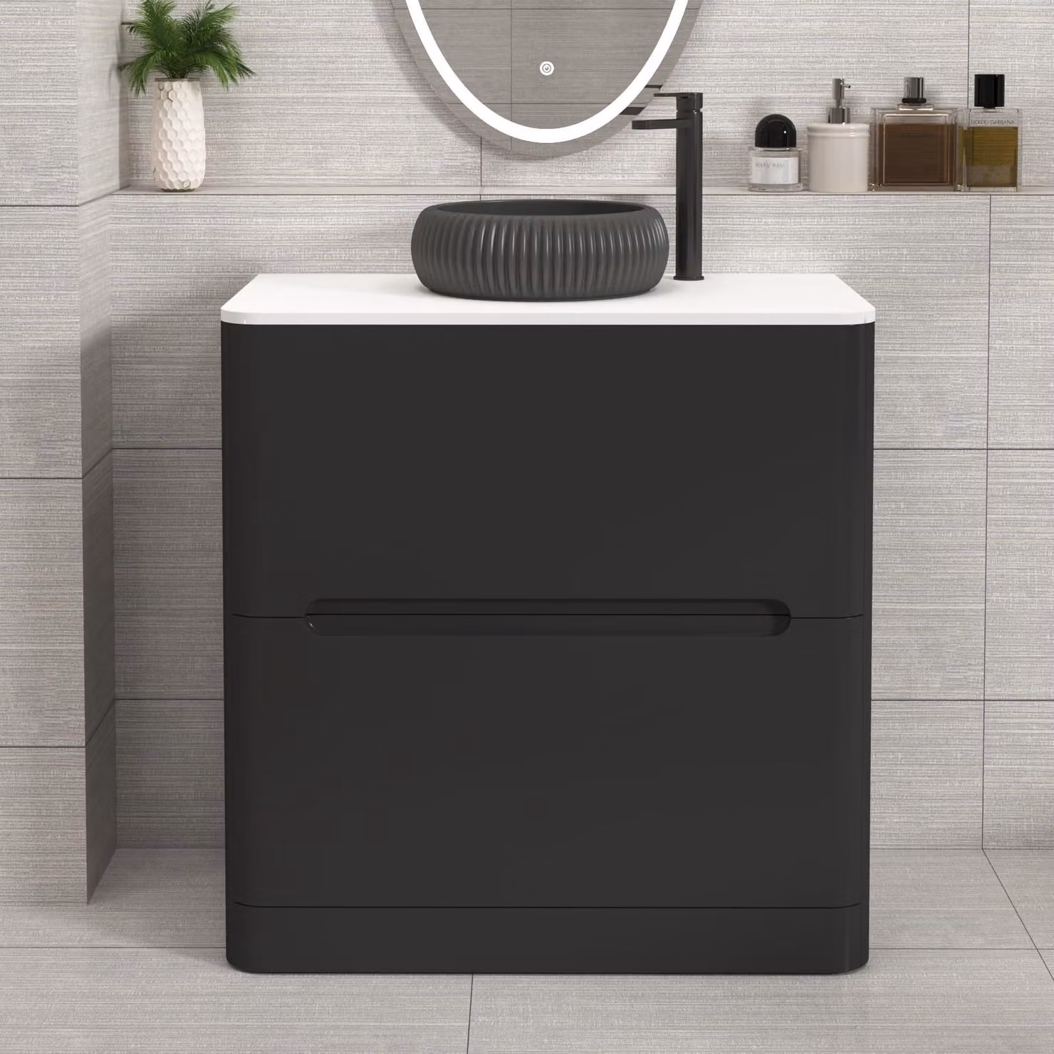 Royal Bathrooms Venice 800mm Matt Nocturne Black Floor Standing 2 Drawer Vanity Unit with Plain White Worktop and Milan Black Basin