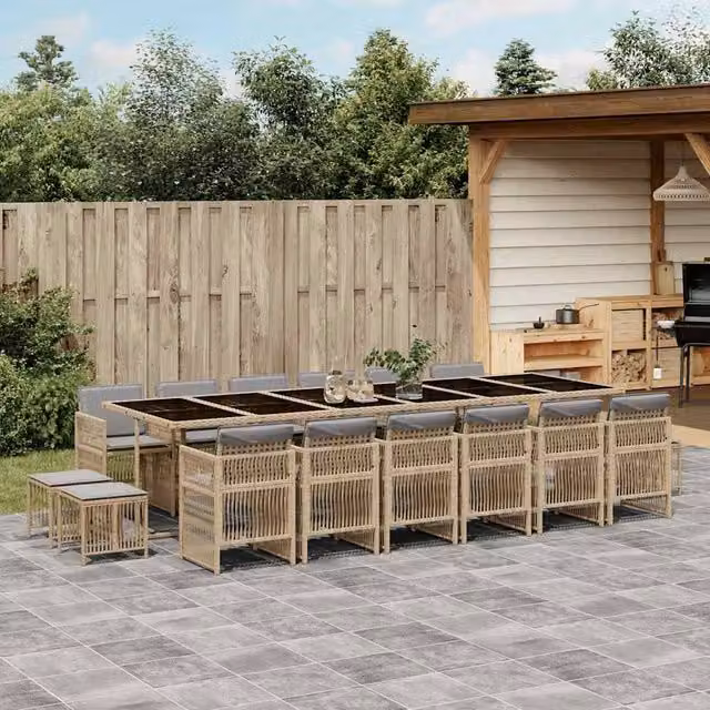 Berkfield Home 17 Piece Garden Dining Set with Beige Cushions and Poly Rattan