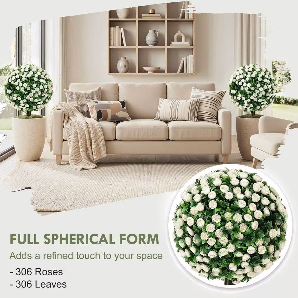 NESTLUNE 2-Pack Artificial Rose Topiary in Green and White, UV Resistant Round Floral Tabletop Decoration, Height: 55 cm – 5