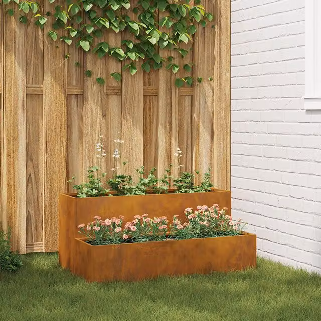 Berkfield Home 2-Tier Steel Garden Planter in Brown, W: 100 cm, D: 60 cm, H: 45 cm