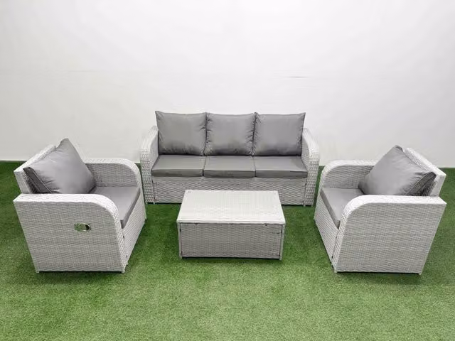 Fimous PE Rattan Garden Furniture Set in Light Grey with Reclining Armchair, 3-Seater Sofa, and Oblong Coffee Table