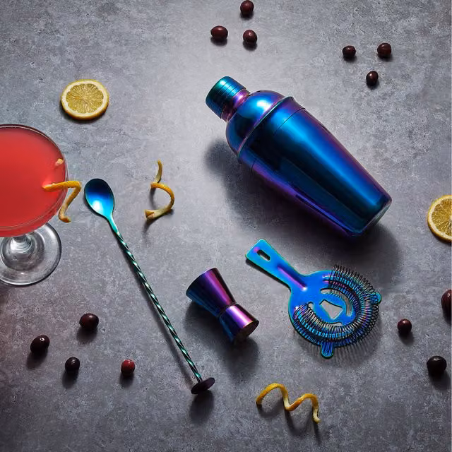 VonShef 4 Piece Stainless Steel Cocktail Shaker Set in Multicolour Turquoise