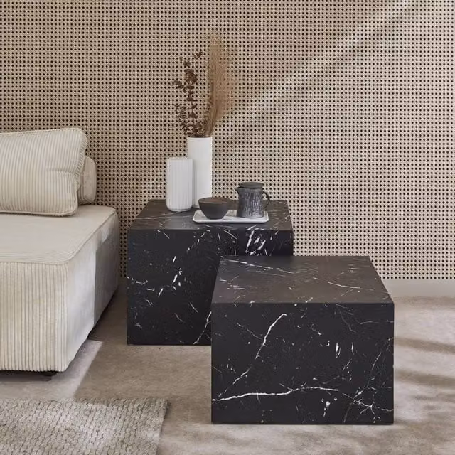 Sweek Pair of Square Coffee Tables with Black Marble Effect Stone Tops – 1