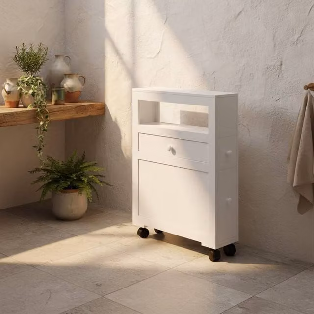 Wyld Haus Minbalu Narrow Rolling Bathroom Storage Unit with 2 Drawers, White – 1