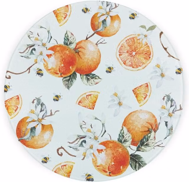 Purely Home Tangerines Round Textured Glass Worktop Protector and Chopping Board in Orange