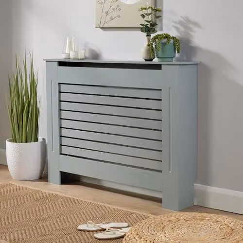 Home Source Grey Wooden MDF Radiator Cover Slatted Wall Cabinet Shelf, W: 111.5 cm, H: 82.0 cm, D: 19.0 cm
