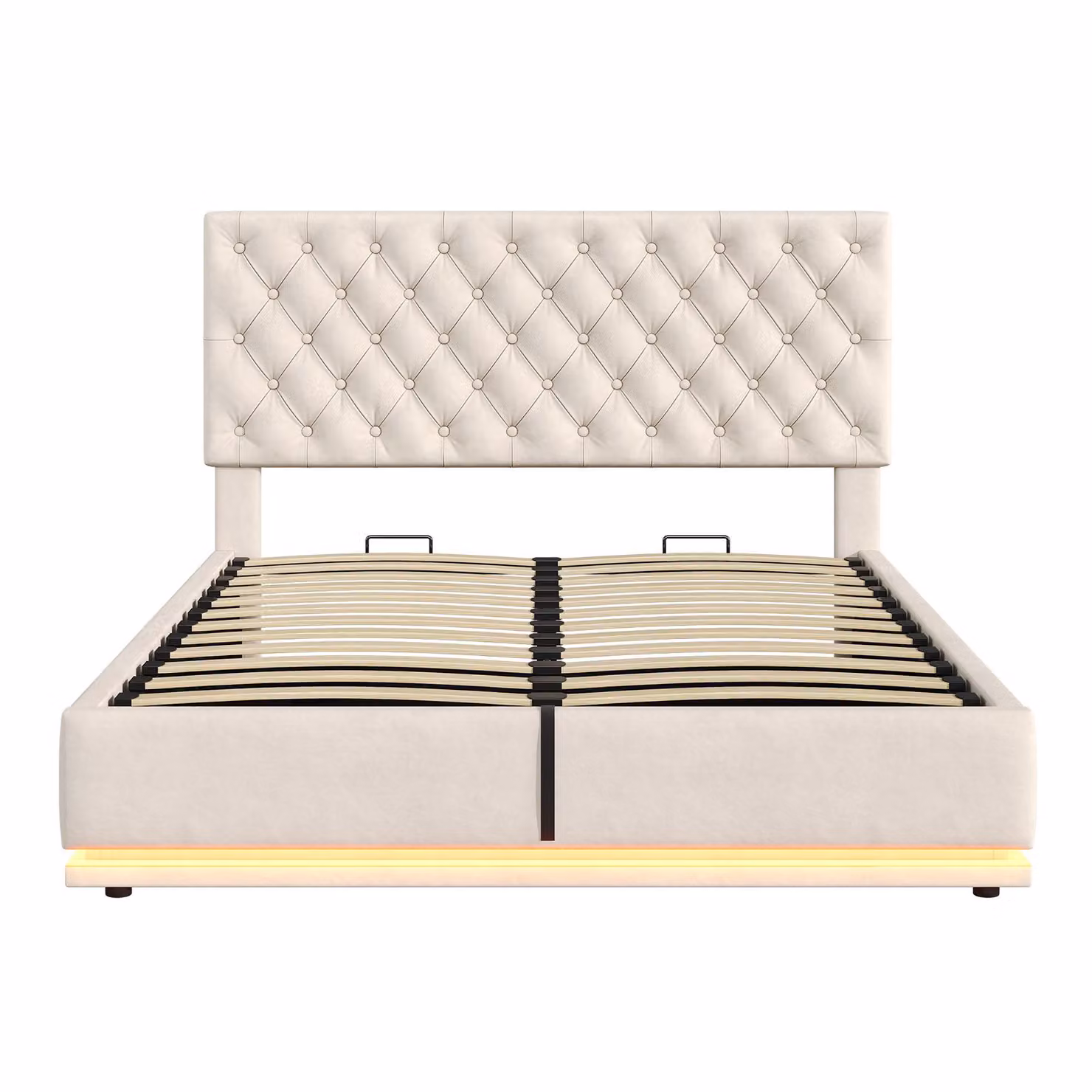 Aosom.UK Beige Velvet Ottoman Double Bed with Adjustable Headboard, LED Lighting and Hydraulic Storage, W/D/H: 142 x 195 x 102-112 cm – 2