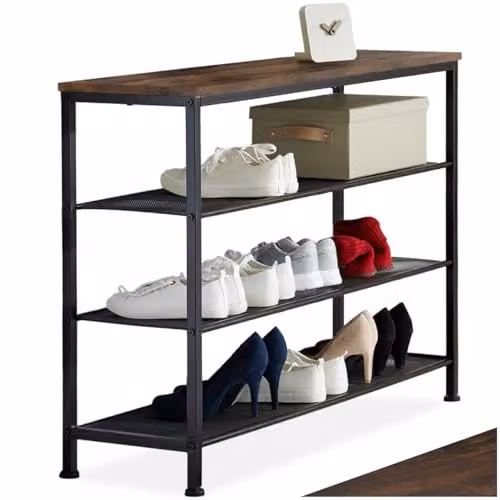tectake 4-Tier Industrial Shoe Rack with Metal Frame and MDF Shelves in Black and Brown, W/D/H: 100 x 30.5 x 72.5 cm – 1