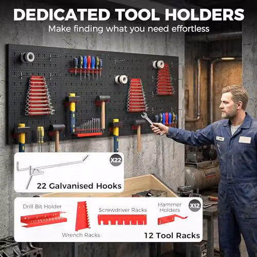 HOMCOM 38 Piece Wall-Mounted Steel Pegboard with Hooks, 4 Panels, Black and Red – 3