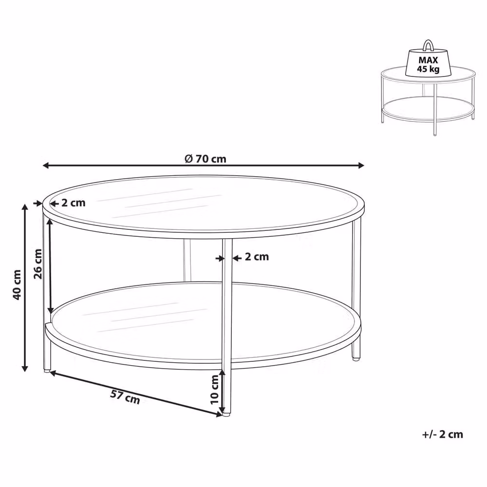 Wyld and Coco Round Tempered Glass Coffee Table with Black Iron Frame and Mirrored Shelf, Diameter: 70 cm, Height: 40 cm – 3