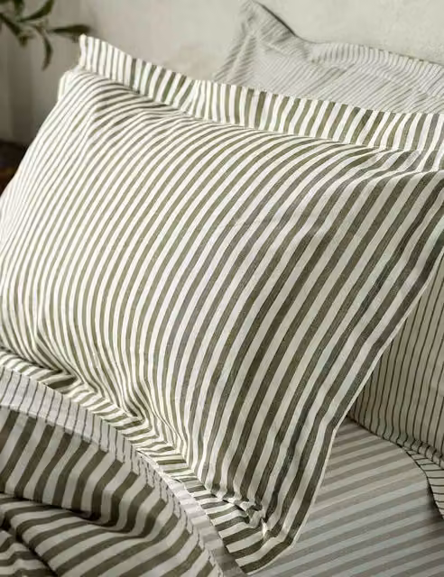 Yard Hebden Stripe Pure Cotton Pillowcases, 2 Pack, Dark Green Mix