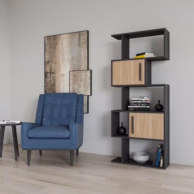 Decorotika Raven Bookcase with Cabinets in Anthracite and Grey, H 173 x W 71 cm