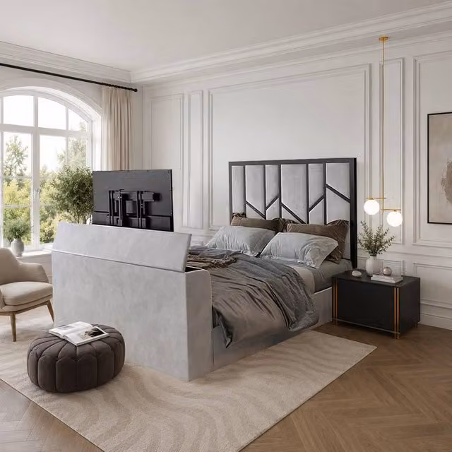 KDMD Alderley Luxe Upholstered Silver Television Bed Frame, W/D/H: 90 x 200 x 107 cm – 1