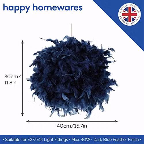 Happy Homewares Modern Blue Real Feather Decorated Sphere Pendant Light Shade – 2