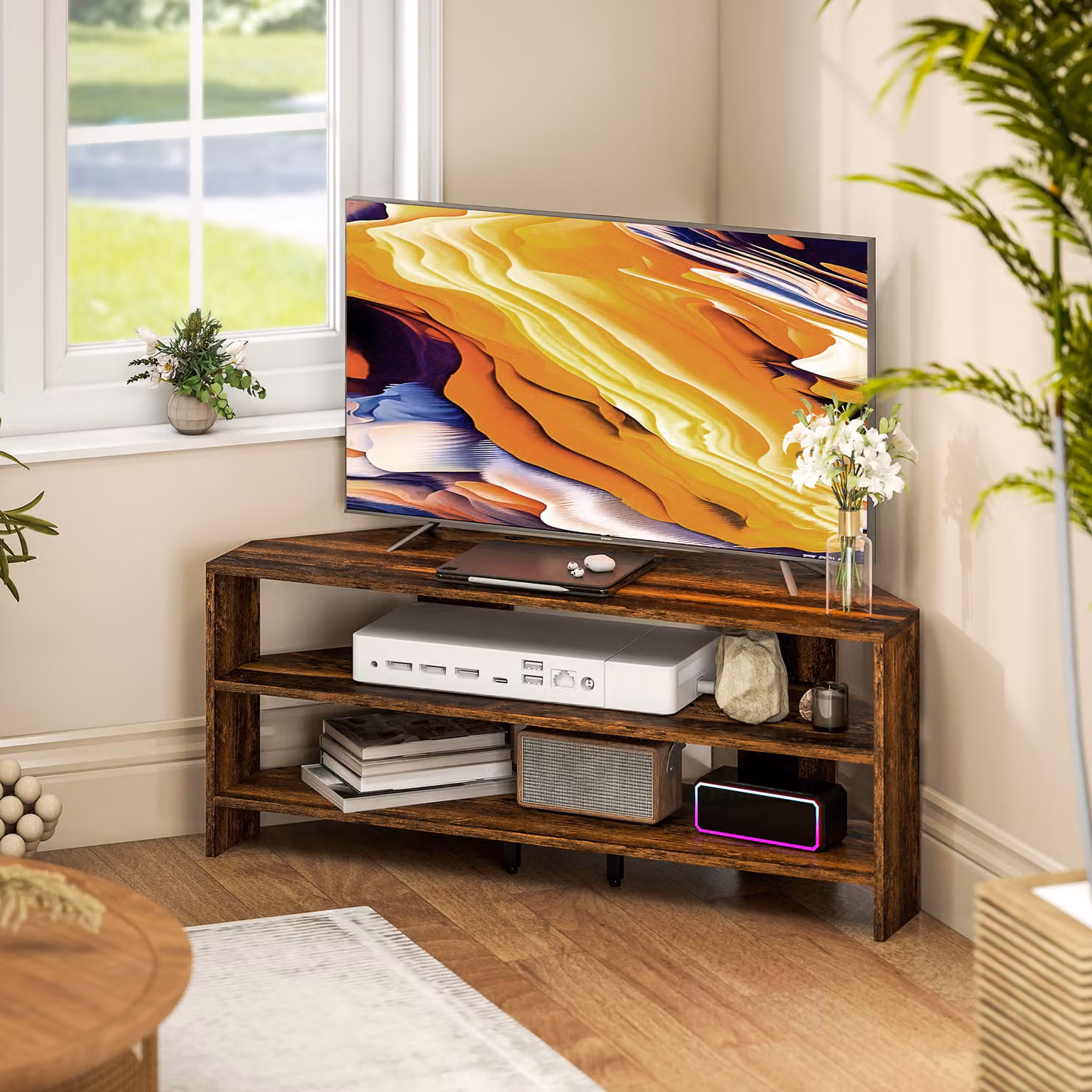 HOMCOM Corner TV Stand with 2 Open Shelves for 47 Inch TVs in Rustic Brown – 1