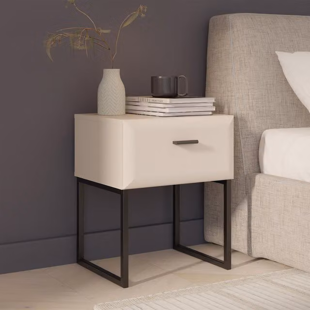 Furniture To Go Akihisa Modern Bedside Table with Drawer and Metal Legs in Sand