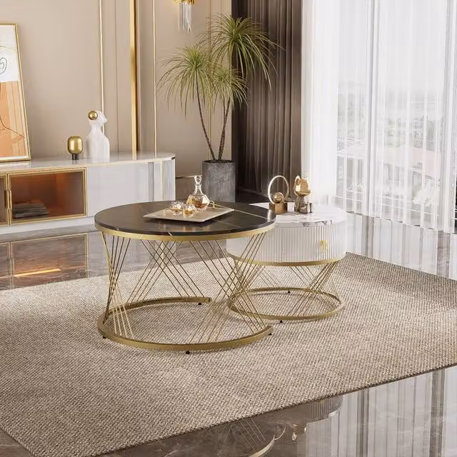 Merax 2 Piece Round Nesting Coffee Table Set with Gold Metal Frame in Black – 1
