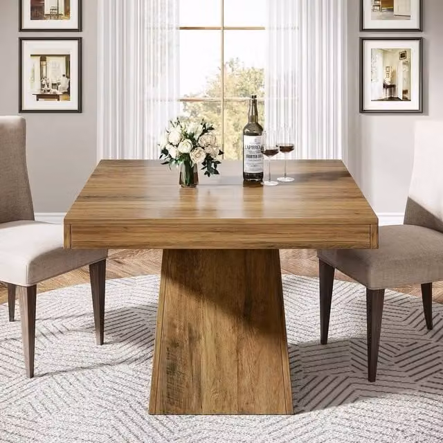 PAWNORA Rustic Brown Square Wood Dining Table with Central Pedestal, W/D/H: 80 x 80 x 75 cm – 1