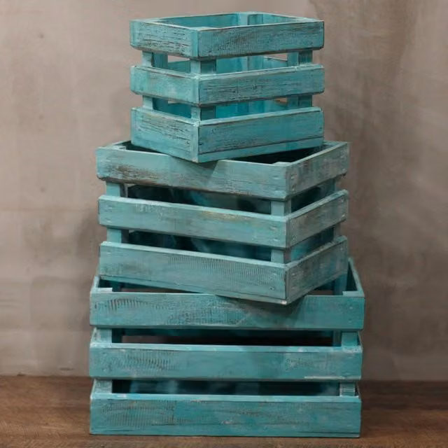 KDMK Set of Three Modern Rectangular Wooden Fruit Boxes for Tabletop Display in Green and Turquoise