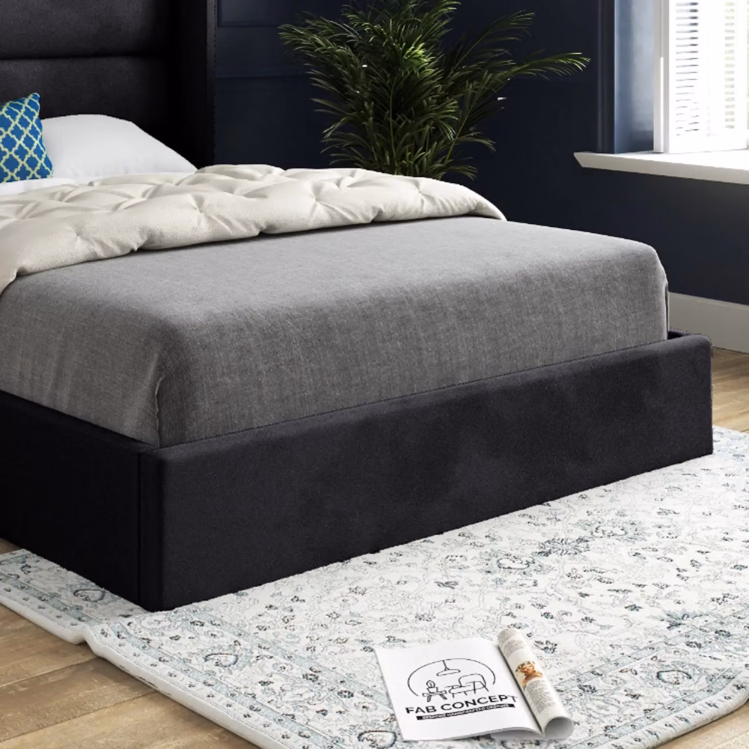 KDMD Nuno Straight Winged Upholstered Velvet Bed Frame in Black, Size: 140 x 200 cm – 3