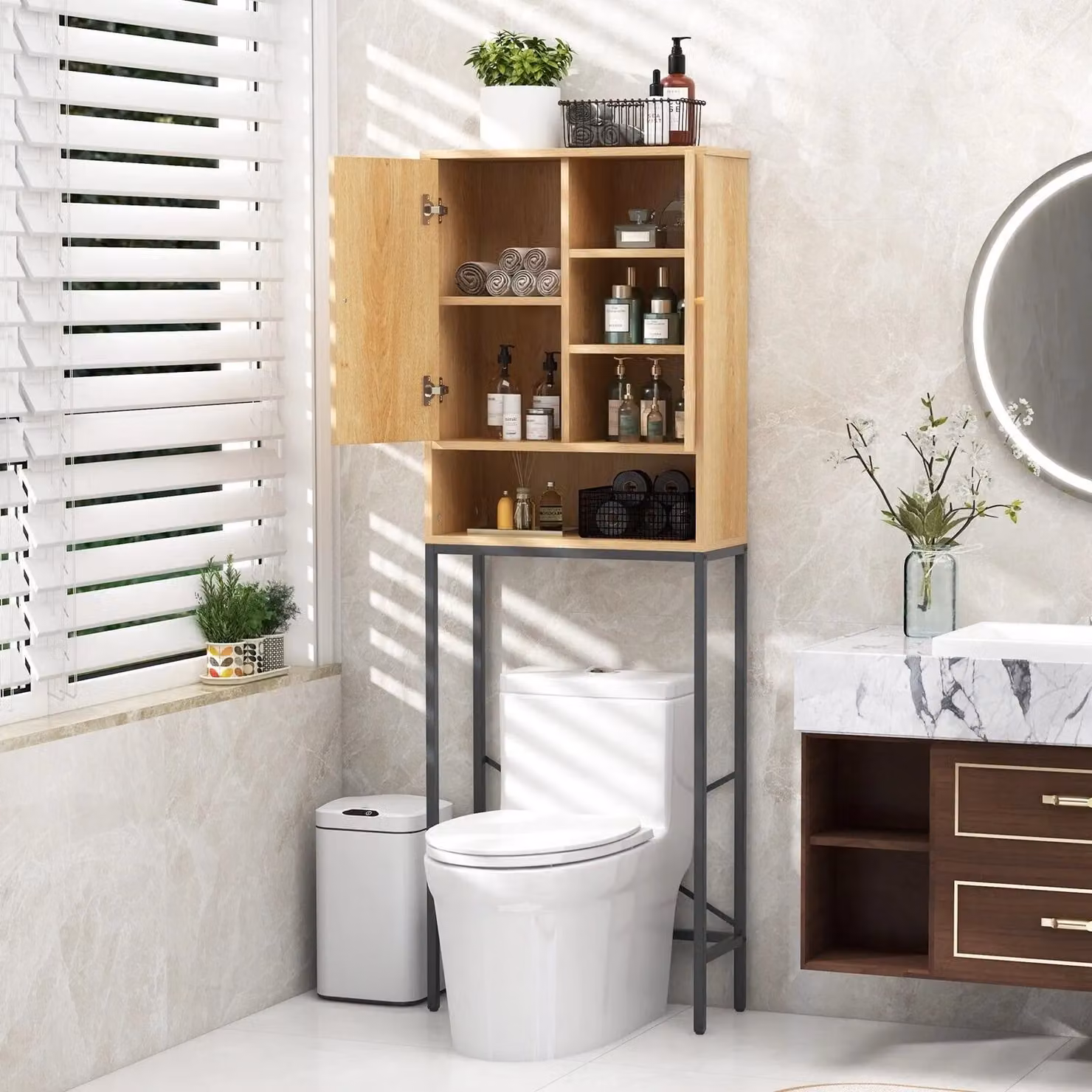 Costway Freestanding Over The Toilet Storage Cabinet with Rattan Doors in Natural Brown – 2