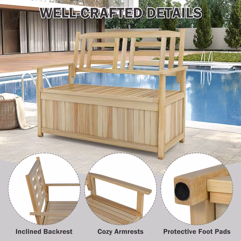Gymax Solid Wood Patio Bench Storage Loveseat with Backrest and Armrests in Brown – 6