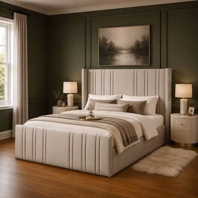 Desire Deco Gerald Wingback Ottoman Storage Bed Frame in Light Beige Plush Velvet, Small Double (W/D/H: 120 x 200 cm)