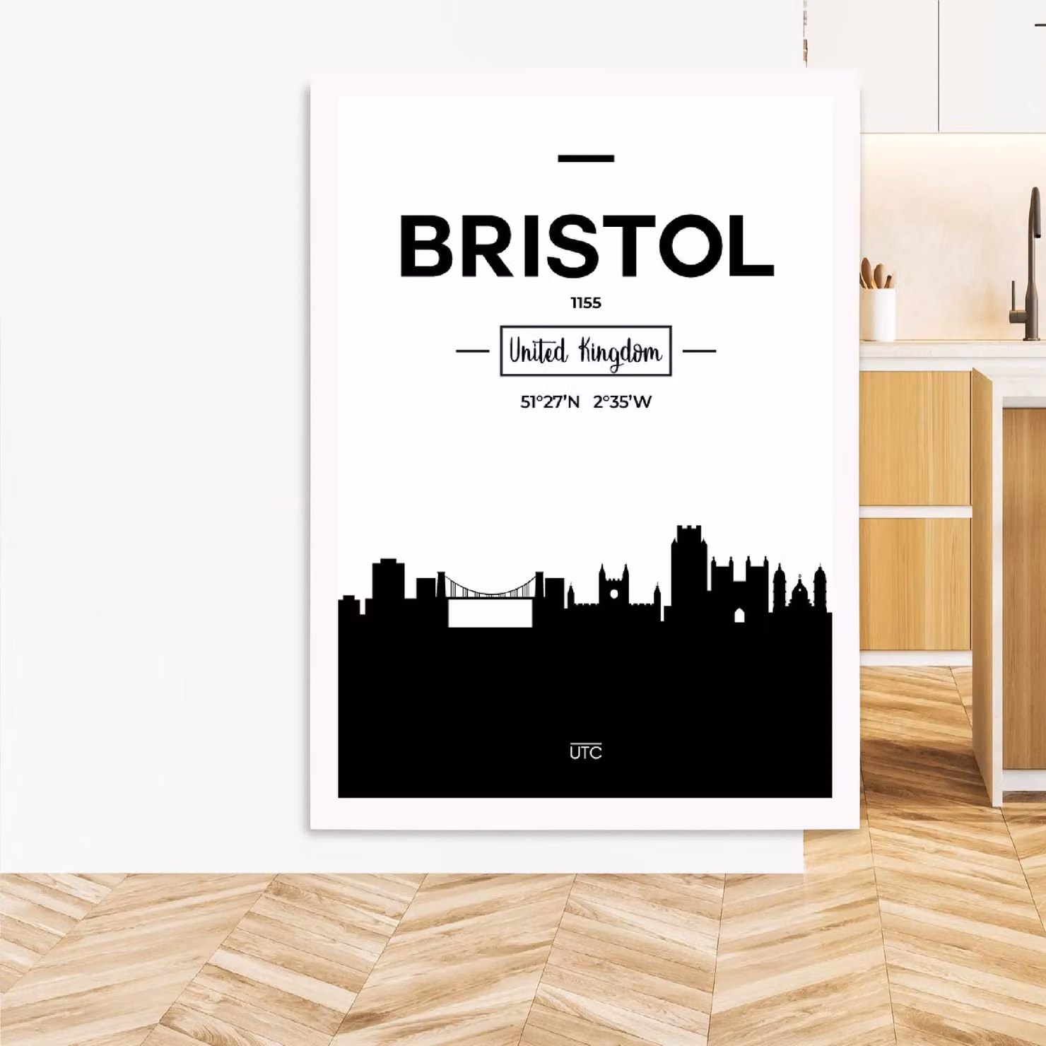 ARTZE Bristol Black and White City Skyline Framed Paper Print with White Frame, Size: A2 – 2