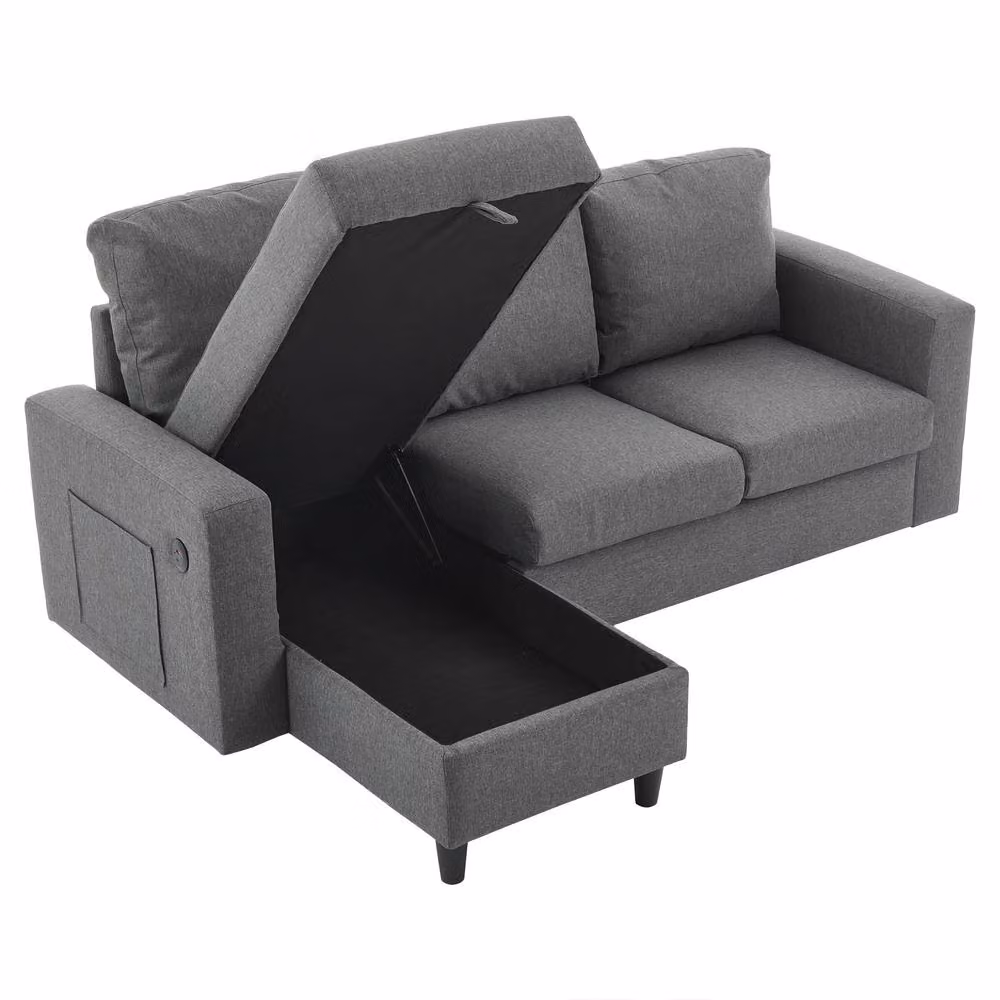 Tokpiedi 3-Seater L-Shaped Reversible Fabric Sofa in Grey with LED Lighting, USB Charging and Storage – 7