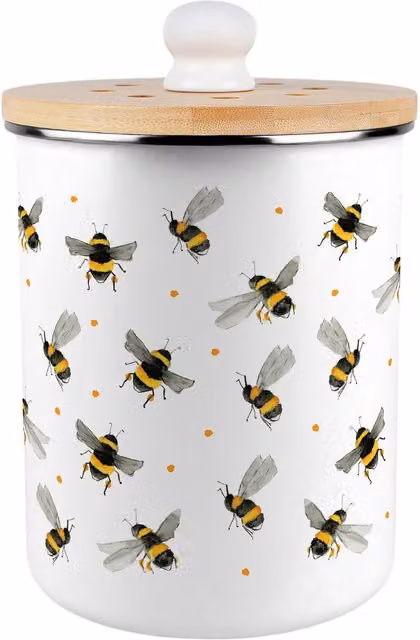 Purely Home Watercolour Bees Metal Food Waste Caddy with Flip Lid, 2L, Yellow and White