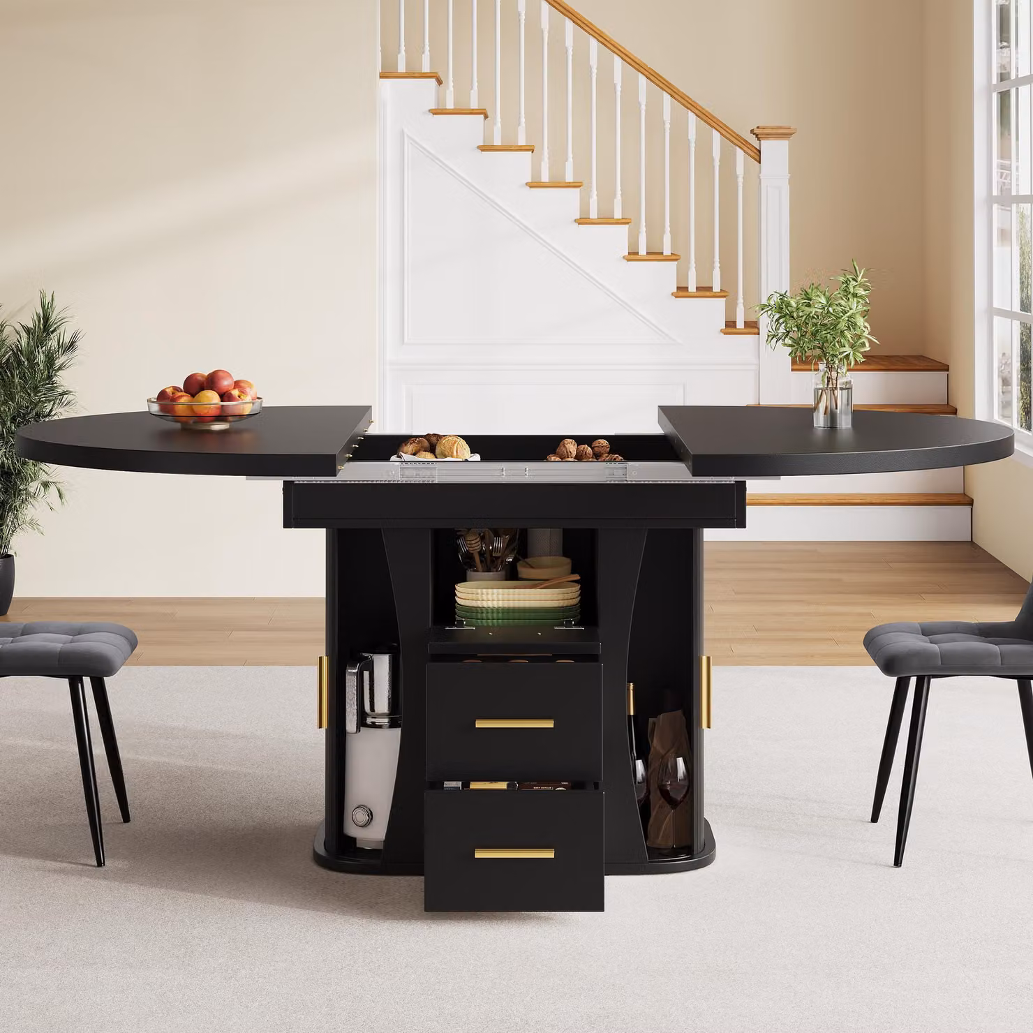 Aosom UK Black Extendable Round Dining Table with 3-Tier Hidden Storage for 6 People, W/D/H: 118 x 118 x 77 cm to 158 x 118 x 77 cm – 7
