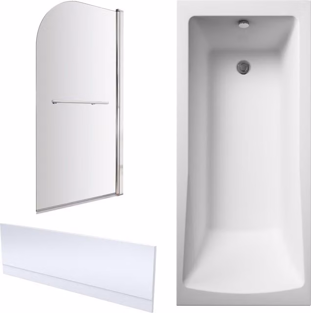 Balterley Square Single Ended Bath with White Panel and Chrome Straight Glass Screen and Rail, W: 1700 cm, D: 700 cm – 1