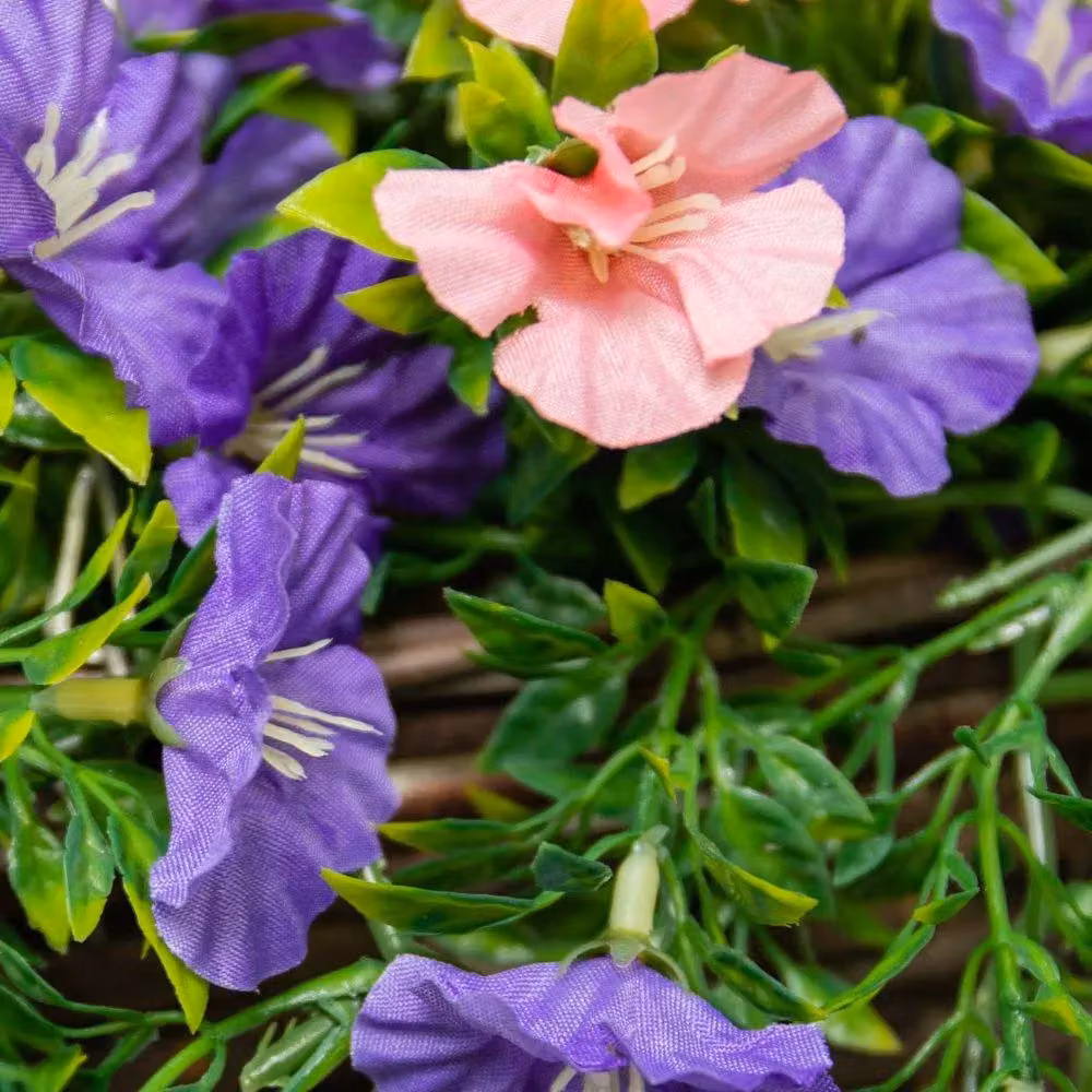 Primrose Large Artificial Petunia Flowers in a Green Rattan Hanging Basket, Pink and Purple – 6