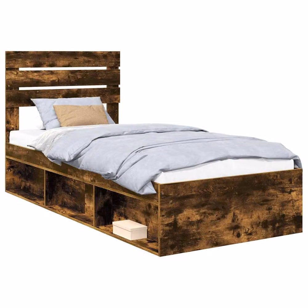 Berkfield Home Smoked Oak Bed Frame in Brown, Solid Pine and MDF Wood, W/D/H: 100 x 200 cm – 2