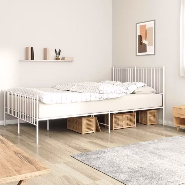 Berkfield Home Metal Bed Frame with Headboard and Footboard in White, W/D/H: 150 x 200 cm