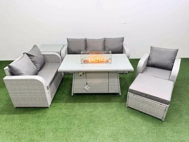 Fimous Patio 7 Seater Grey PE Wicker Rattan Outdoor Furniture Set with Firepit Dining Table, Reclining Chairs, 3 Seater Sofa and Footstool