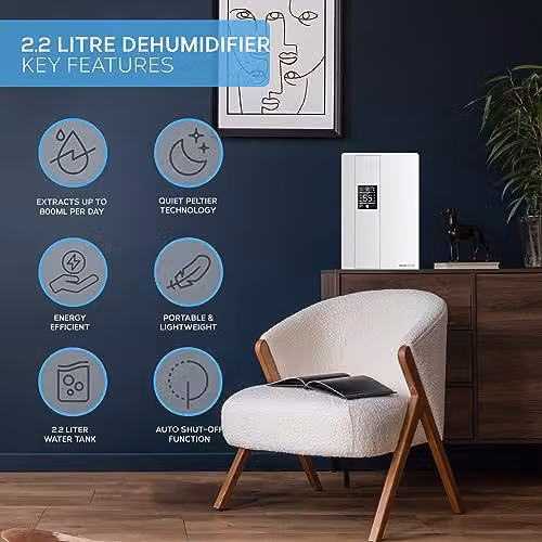 MONHOUSE Premium Dehumidifier in White with 2.2L Capacity, Remote Control, Sleep Mode and 24H Timer – 2