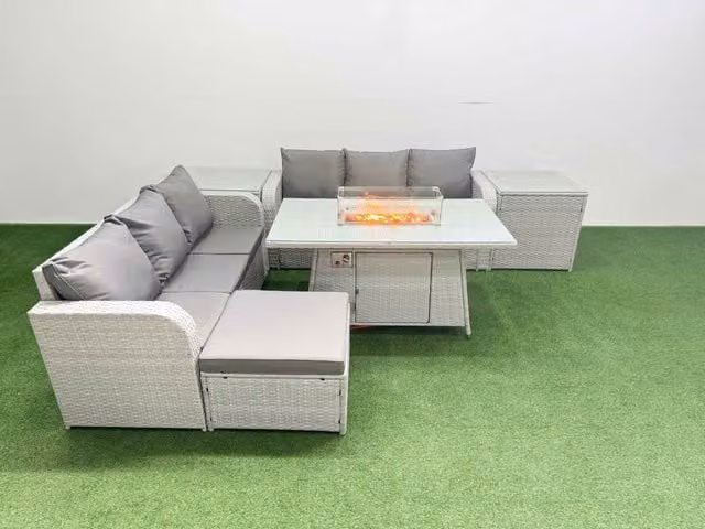 Fimous 7 Seater Grey Wicker Rattan Garden Furniture Set with Firepit Dining Table, High Back Lounge Sofa and Footstool