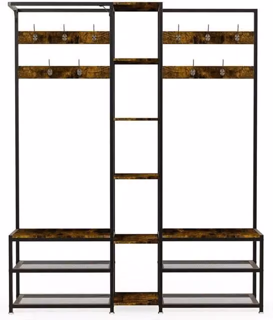 NESTLUNE Industrial Large Corner Hall Tree Bench with Shoe Storage and Coat Rack in Brown