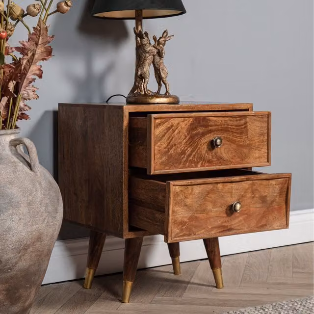 Elm Home And Garden Mid Century Solid Mango Wood 2 Drawer Side Table in Brown