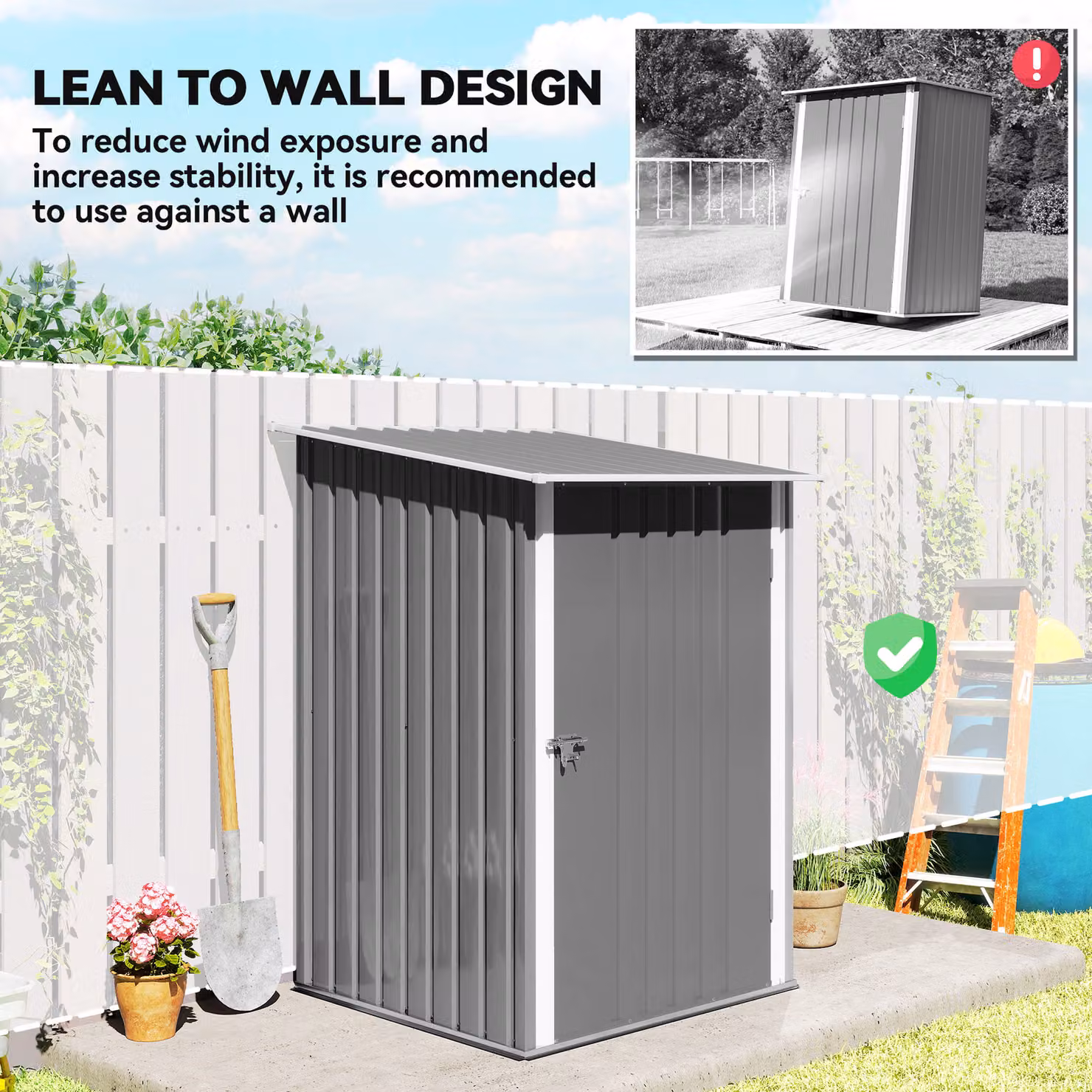 Outsunny Grey Galvanised Steel Lean-To Pent Garden Shed with Locking Single Door – 5