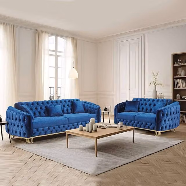 Sliding Wardrobes 4U Blue Plush Velvet Chesterfield Sofa Set with 3 Seater and 2 Seater Sofas