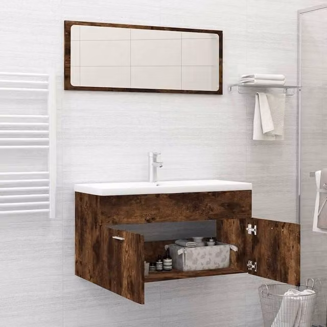 Berkfield Home Practical 2 Piece Bathroom Furniture Set in Smoked Oak Brown, featuring a Vanity Unit and Mirror Cabinet, W/D/H: 66 x 38.5 x 90 cm and 46 x 38.5 x 72 cm